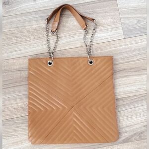 Leather Quilted Square Chain Link Slim Shoulder Tote Bag, Camel/ Silver Like New